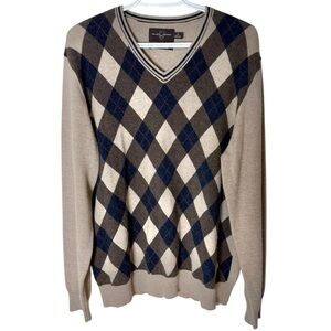 BLACK BROWN 1826 Men’s Cashmere Argyle V Neck Pullover Sweater Beige Brown Large
